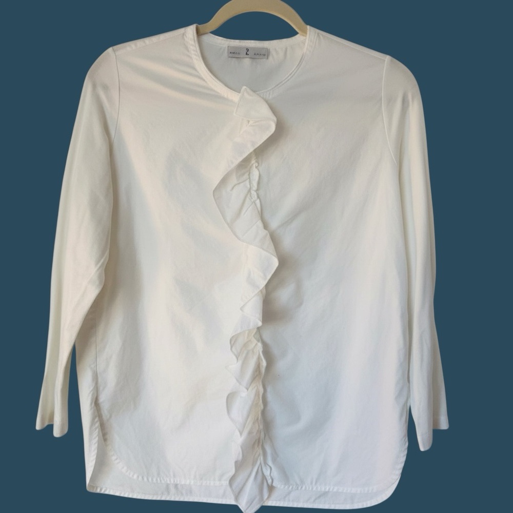 Italian Cotton Stretch Ruffle Front Blouse White S Mixed Media Quiet Luxury $300